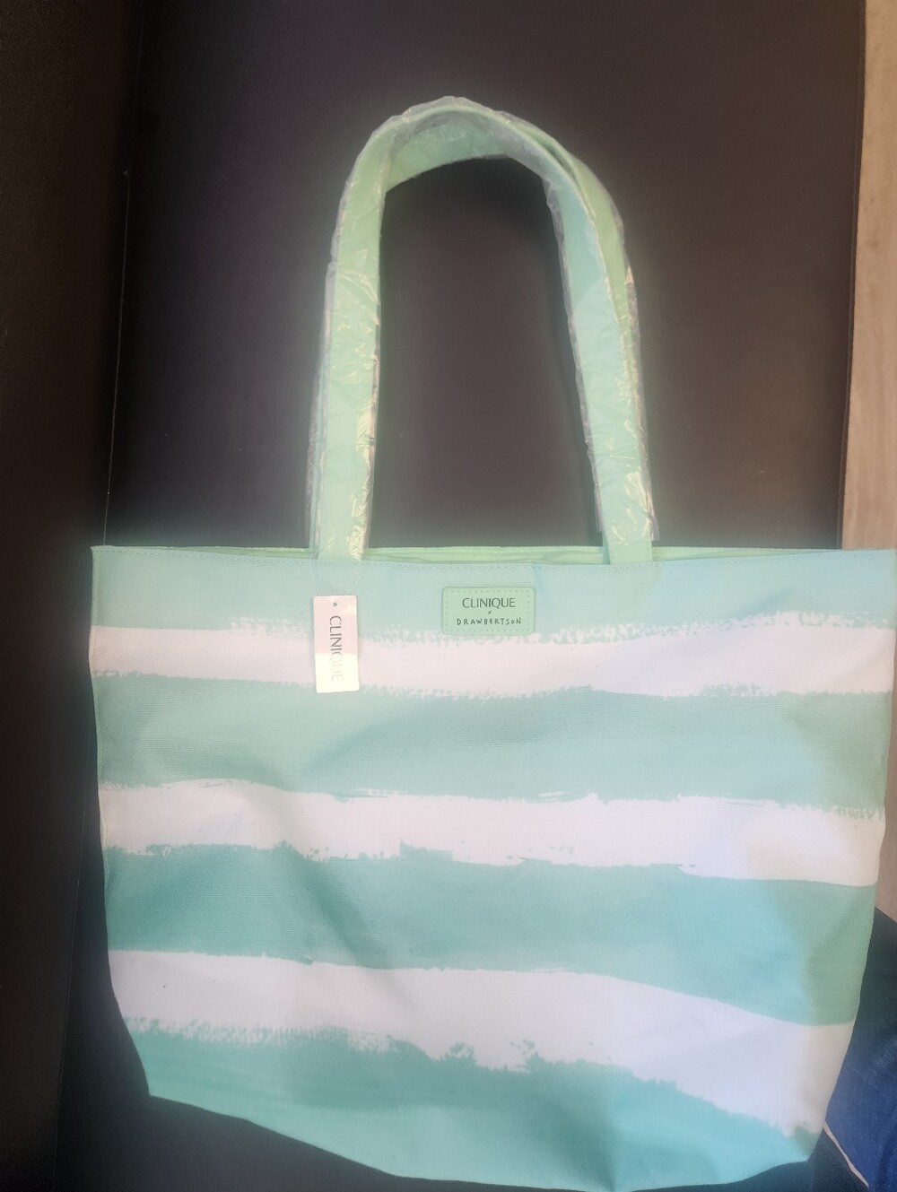 Clinique Mint Green and White Striped Tote